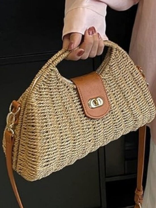 Handbags - Women's Straw Hand Woven Top Handle Crossbody Tote Bag Summer Beach Purse